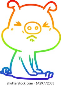 rainbow gradient line drawing of a cartoon angry pig sat waiting