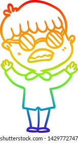 dibujo de una línea de gradiente de arco iris de un niño de caricatura que usa espectáculos