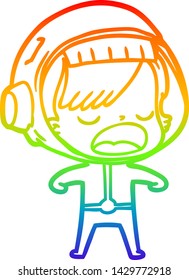 rainbow gradient line drawing of a cartoon astronaut woman explaining