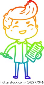 rainbow gradient line drawing of a cartoon laughing salesman