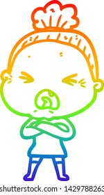 rainbow gradient line drawing of a cartoon angry old woman