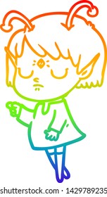 rainbow gradient line drawing of a cartoon alien girl