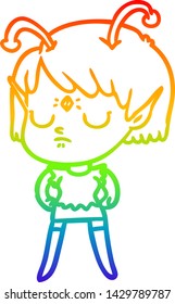 rainbow gradient line drawing of a cartoon alien girl