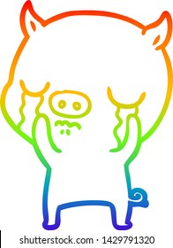 rainbow gradient line drawing of a cartoon pig crying