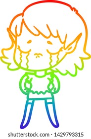 rainbow gradient line drawing of a cartoon crying elf girl