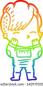 rainbow gradient line drawing of a cartoon girl wearing futuristic clothes