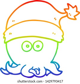 rainbow gradient line drawing of a cartoon octopus wearing christmas hat
