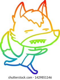 dibujo de una línea de gradiente de arco iris de un lobo de dibujos animados que muestra dientes