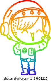 rainbow gradient line drawing of a cartoon happy astronaut girl waving