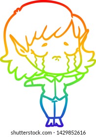 rainbow gradient line drawing of a cartoon crying elf girl