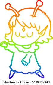 dibujo de una chica alienígena bailando en una línea de gradiente arco iris
