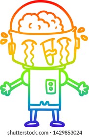 rainbow gradient line drawing of a cartoon crying robot
