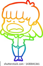 rainbow gradient line drawing of a cartoon woman talking loudly