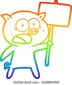 rainbow gradient line drawing of a cartoon pig protesting