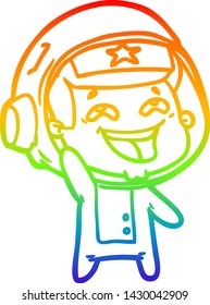 rainbow gradient line drawing of a cartoon laughing astronaut