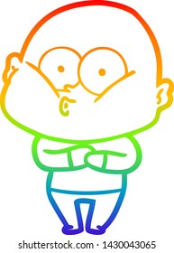 rainbow gradient line drawing of a cartoon bald man staring