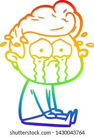 rainbow gradient line drawing of a cartoon crying man