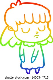 rainbow gradient line drawing of a cartoon indifferent woman