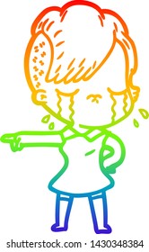 rainbow gradient line drawing of a cartoon crying girl pointing