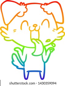 dibujo de una línea de gradiente arco iris de un perro jadeante de dibujos animados encogiéndose hombros