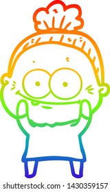 rainbow gradient line drawing of a cartoon happy old woman