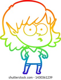 dibujo de la línea del gradiente del arcoiris de una joven elfo de dibujos animados mirando