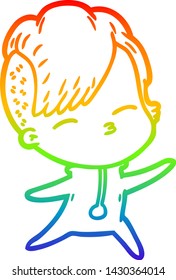 rainbow gradient line drawing of a cartoon squinting girl