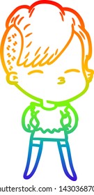 rainbow gradient line drawing of a cartoon squinting girl