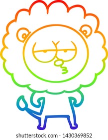 dibujo de una línea de gradiente de arco iris de un león aburrido de dibujos animados