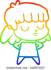 rainbow gradient line drawing of a cartoon indifferent woman