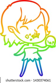 rainbow gradient line drawing of a cartoon vampire girl with blood on cheek
