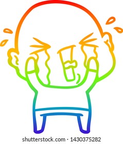 rainbow gradient line drawing of a cartoon crying bald man