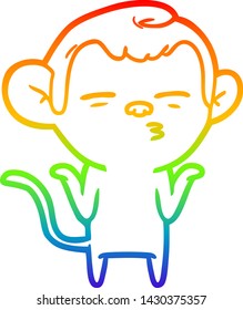 dibujo de una línea de gradiente arco iris de un mono sospechoso de la caricatura