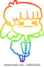 rainbow gradient line drawing of a cartoon angry girl