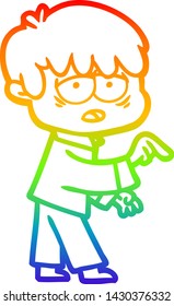 rainbow gradient line drawing of a cartoon exhausted boy