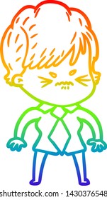 rainbow gradient line drawing of a cartoon frustrated woman