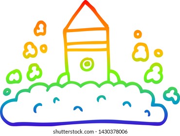 rainbow gradient line drawing of a cartoon rocket launching