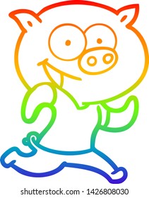 dibujo de la línea de gradiente de arcoiris de un porcino alegre haciendo ejercicio de la caricatura