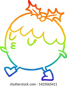 rainbow gradient line drawing of a christmas pudding walking