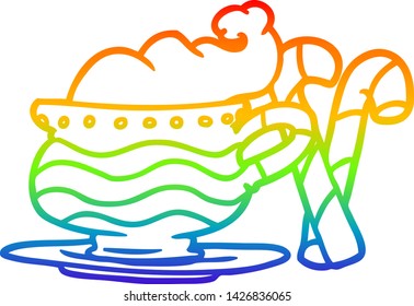 dibujo de la línea de gradiente del arcoiris de un cacao navideño con latas de caramelos