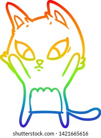 dibujo de una línea de gradiente de arco iris de un gato de dibujos animados confundido