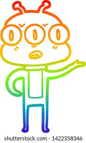 dibujo de una línea de gradiente de arcoiris con un alienígena de tres ojos confundido