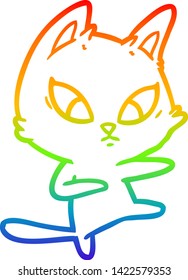 dibujo de una línea de gradiente de arco iris de un gato de dibujos animados confundido