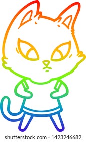 rainbow gradient line drawing of a confused cartoon cat in clothes