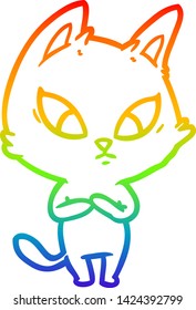 dibujo de una línea de gradiente de arco iris de un gato de dibujos animados confundido