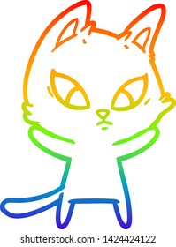 dibujo de una línea de gradiente de arco iris de un gato de dibujos animados confundido