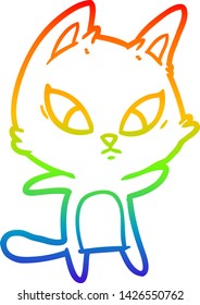 rainbow gradient line drawing of a confused cartoon cat