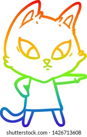 dibujo de una línea de gradiente de arco iris de un gato de dibujos animados confundido