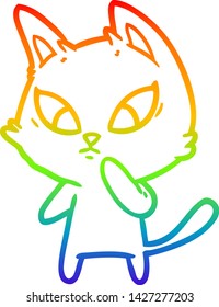 rainbow gradient line drawing of a confused cartoon cat