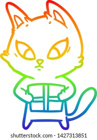 rainbow gradient line drawing of a confused cartoon cat with gift